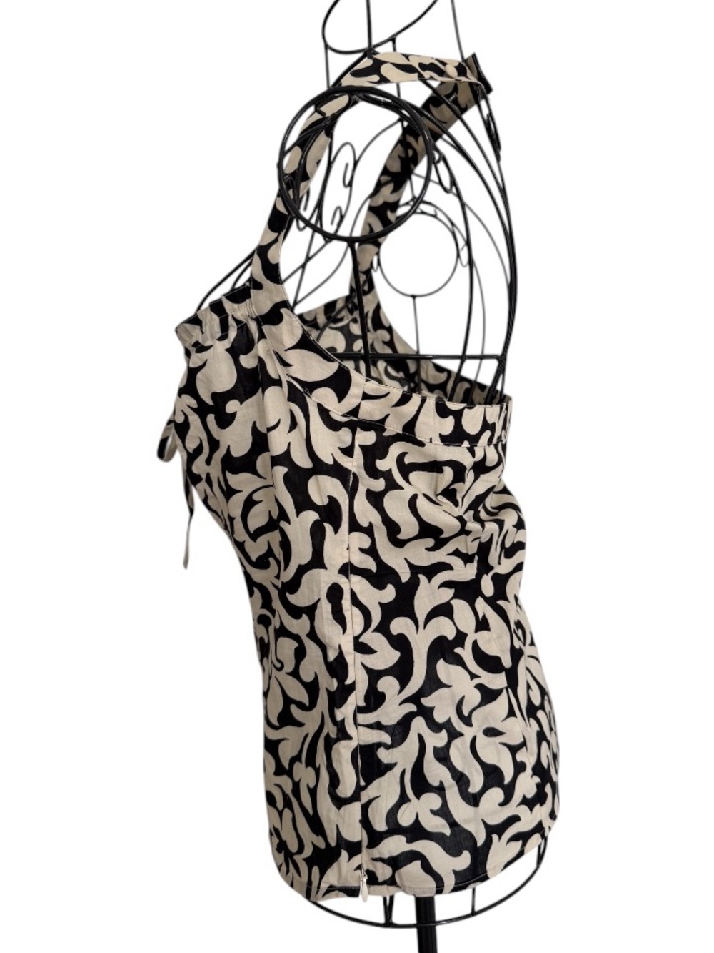 Ann Taylor Petites Halter Top 0P Black Cream Damask Baroque Print Tie Neck - Picture 13 of 13